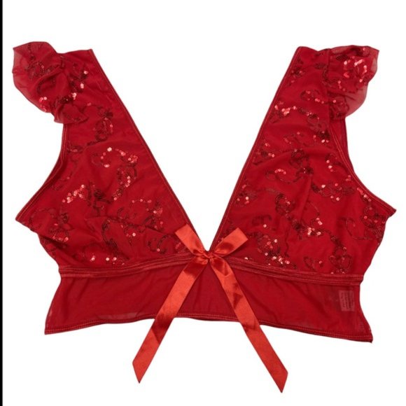 Red Sequin Longline Bralette Sheer Mesh size XL - Picture 1 of 6